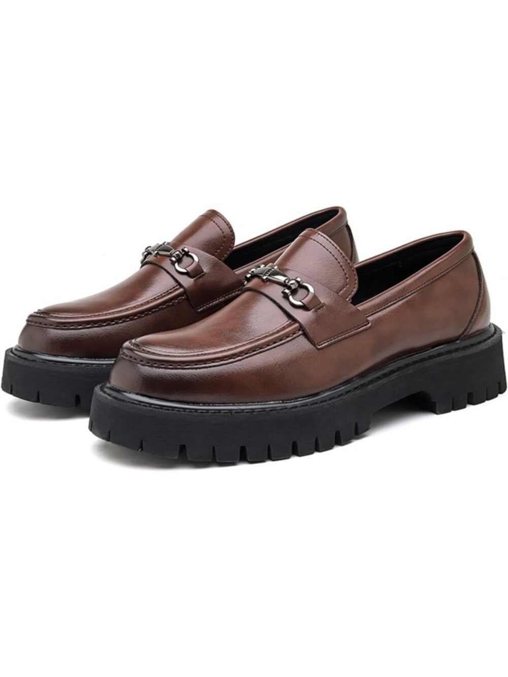 Men's Brown Round Toe Patent Leather Platform Heel Horsebit Penny Loafers